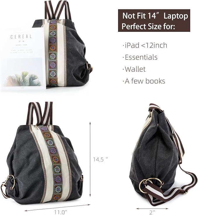 Goodhan WomCanvas Backpack Daypack Casual Shoulder Bag, Vintage Heavy-duty Anti-theft Travel Backpack(Grey Black) - Image 4