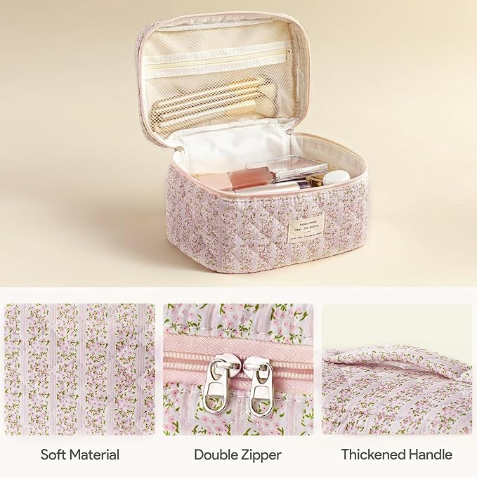 HBselect Quilted Makeup Bag, 3Pcs Cotton Large Travel Makeup Bags Organizer | Cute Floral Make up Bag Cosmetic Bag Toiletry Bag for Women Girls, Makeup Pouch for Skincare, Brushes & Travel Essentials - Image 2