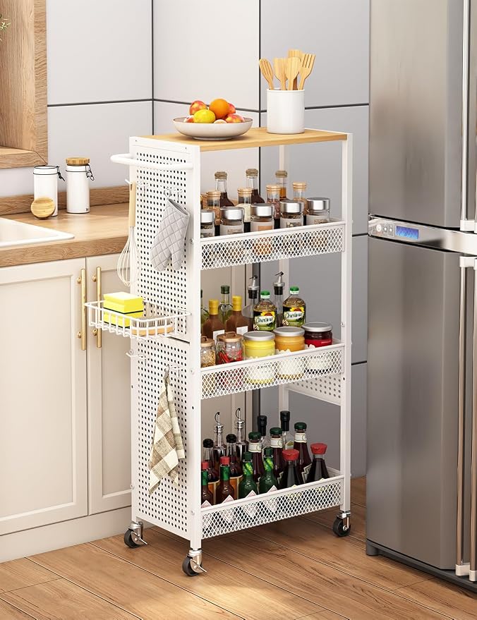 Slim Storage Rolling Cart: 4-Tier Narrow Metal & Wood Utility Cart with Wheels for Kitchen/Laundry/Bathroom(White) by Stayorganized