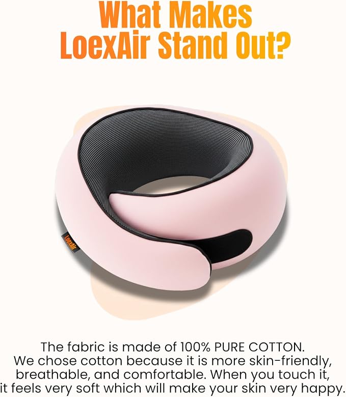 LOEXAIR™ Travel Pillow, Neck Pillow Travel for Airplane, Car - 100% Cotton Fabric & Memory Foam Plane Pillow, Lightweight & Easy-to-Carry on Flight, Full Travel Set (Eye Mask, Earplugs) - Sakura Pink - Image 8