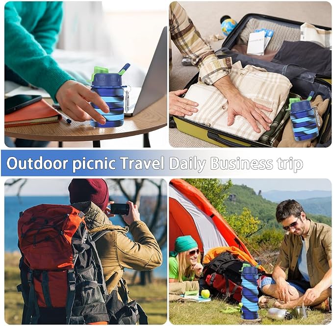 Silicone Collapsible Water Bottles, 16oz 500ml Portable Foldable Expandable Water Bottle Sports Cups, Leak Proof Reusable BPA Free, for Outdoor Activities Travel (Blue-B) - Image 6