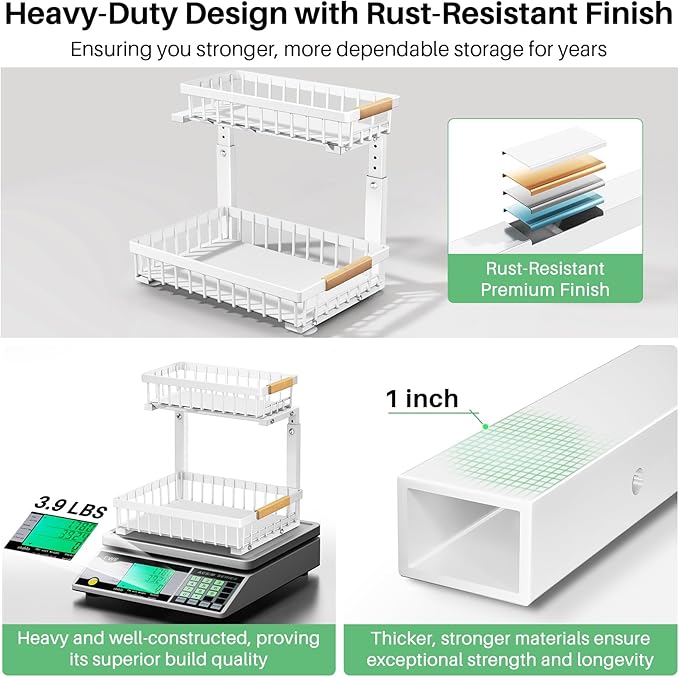 Kitstorack Under Sink Organizer, 2 Tier Under the Sink Storage, Slide out Pull out Cabinet Organizer Shelf, Metal Sliding Drawer for Kitchen Bathroom Pantry Closet Organization Rack, White, 1 Pack - Image 5