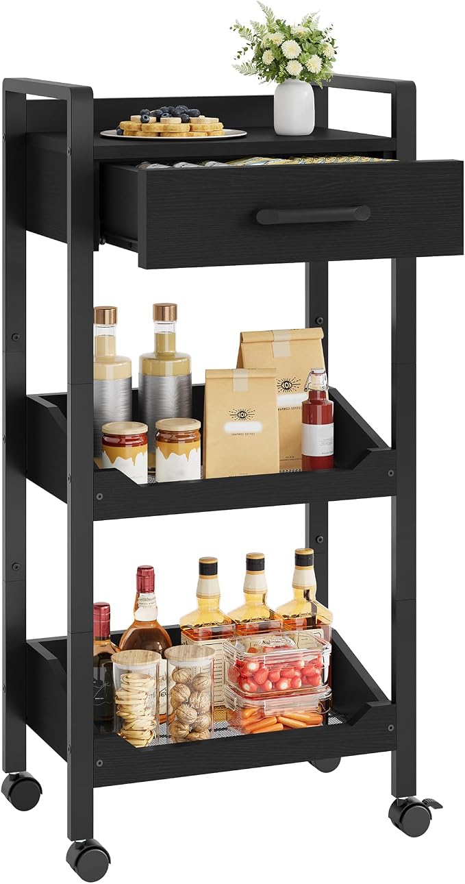 Hoctieon 3-Tier Rolling Storage Cart with Drawer, Rolling Utility Cart Organizer, Mobile Shelving Unit with Wheels, Metal Frame, Kitchen Utility Cart for Small Space, Office, Bathroom, Black - Image 2