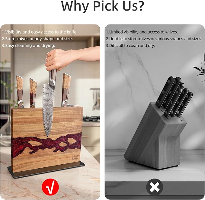 Magnetic Knife Block, Double Sided Holder, Powerful Magnet Kitchen Storage, Acacia Wood and Red Resin (12 x 10 Inches, Without Knives) - Image 4