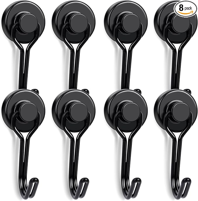 Swivel Swing Magnetic Hooks 40LBS Black Refrigerator Magnet Hook | Strong Neodymium Magnets for Cruise Cabins Refrigerator Hanging Garage Workshop Office and Kitchen 8 Pack by EBAVITE