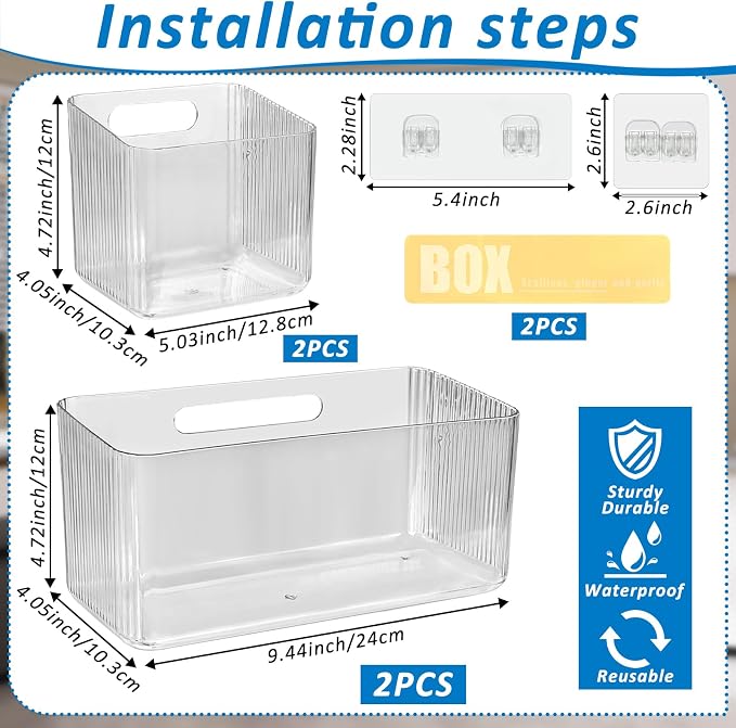 4 PCS 2 Size Plastic Adhesive Mount Over Cabinet Door Organizer, Under Sink Door Storage Shelf Refrigerator Side Storage Box, Wall Organization Container for Kitchen Bathroom Office - Image 2