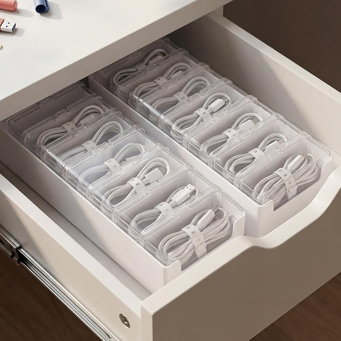 ARVOK 2 Sets Cable Cord Organizer Box with 20 Adjustable Compartments | Cable Storage Box with Lid，Solution for Cable Chaos Charger Cables, Organizer for Home Office Desk Organizers and Accessories - Image 8