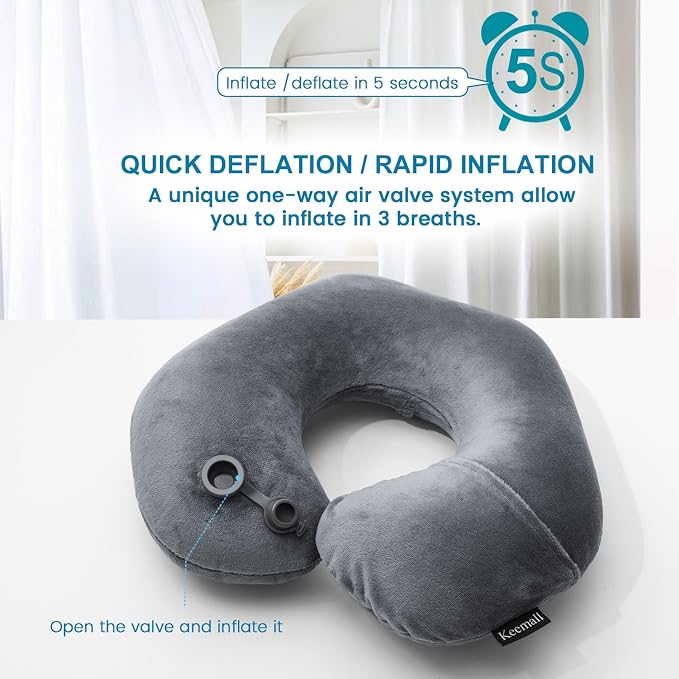 Keemall Inflatable Travel Neck Pillow, Cervical Support for Airplane & Car | Portable Super Soft Foldable Neck Cushion Headrest, Adjustable Support for Plane, Train&Office Naps to Help Relieve Neck Pain - Image 3