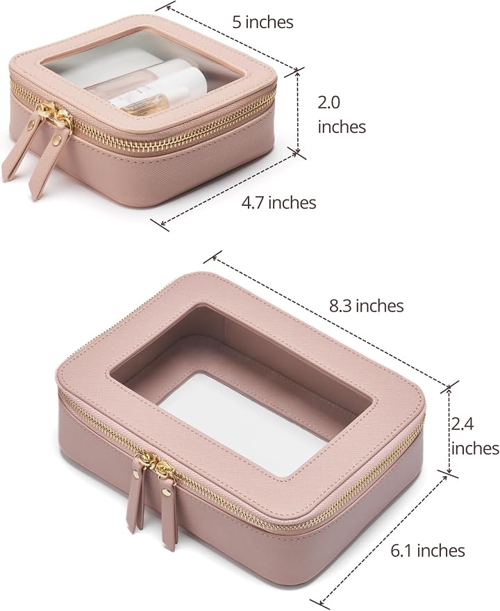 Clear Makeup Bag with Zipper, Set of 2, Mini and Medium, Mauve Pink | Clear Travel Bags for Toiletries, Structured Cosmetic Case for Women, Waterproof PU Leather, Wide Open Portable Car Organier - Image 2