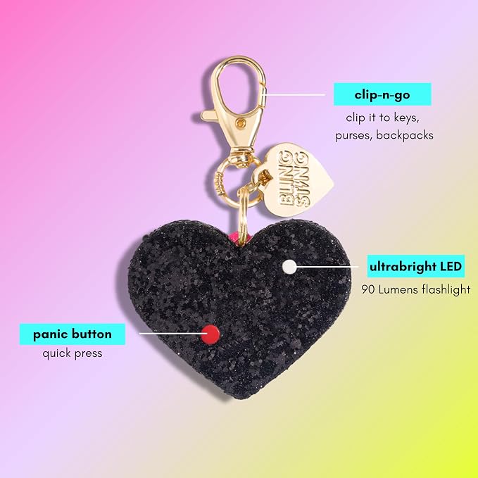 Personal Safety Alarm for Women - Ahh!-larm! Emergency Self-Defense Security Alarm Keychain with LED Light, Purse Charm, Black Glitter Heart, one size (ALBLKG) - Image 3