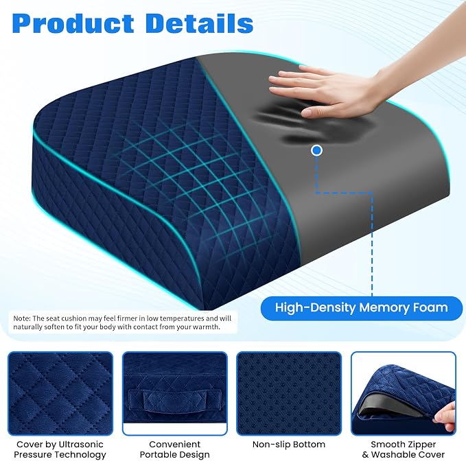 Seat Cushion, Office Chair Cushion, Chair Pad, Large, Blue, X-Large | Memory Foam, Washable Cover, Non-slip Bottom, Portable Handle, for Office, Home and Car - Image 3