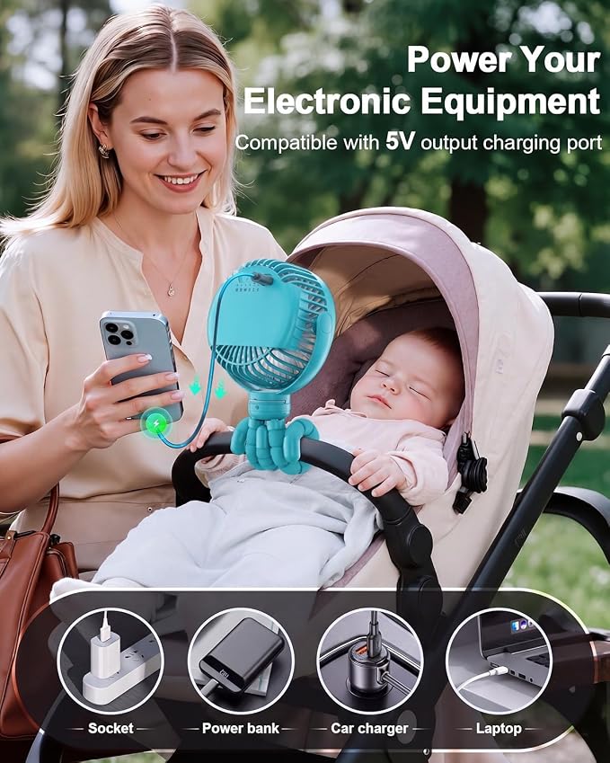 FRIZCOL Portable Stroller Fan, Use As Power Bank, 65H 12000mAh Battery Operated Fan Flexible Tripod Baby Car Seat Fans with Timming, Personal Mini Handheld/Desk/Small Clip On Fans For Stroller - Image 2
