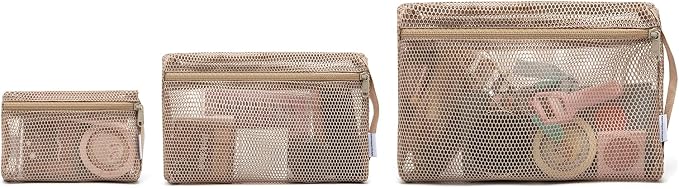 NOL 3-Pack Mesh Travel Toiletry Bags - Clear Zipper Travel Organizer, Airport Carry-On Compliant Reusable Cosmetic Makeup Bag for Women & Men (Khaki) by NOLNaturalOrganicLifestyle