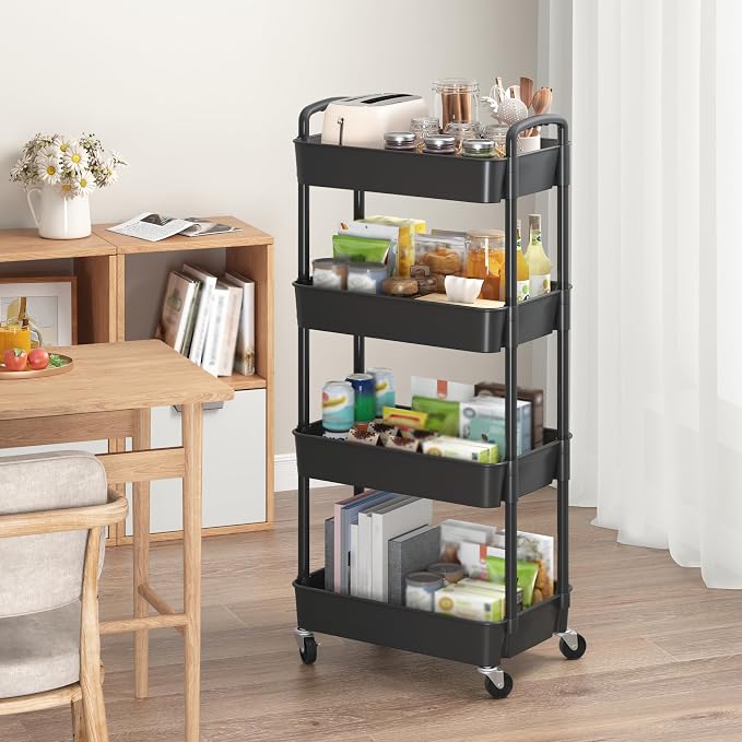 Sywhitta 4-Tier Plastic Rolling Utility Cart with Wheels for Storage, Black | Multi-Functional Storage Trolley, for Office, Living Room, Kitchen, Bathroom,Movable Organizer,Space-Saving,Easy to assemble - Image 3