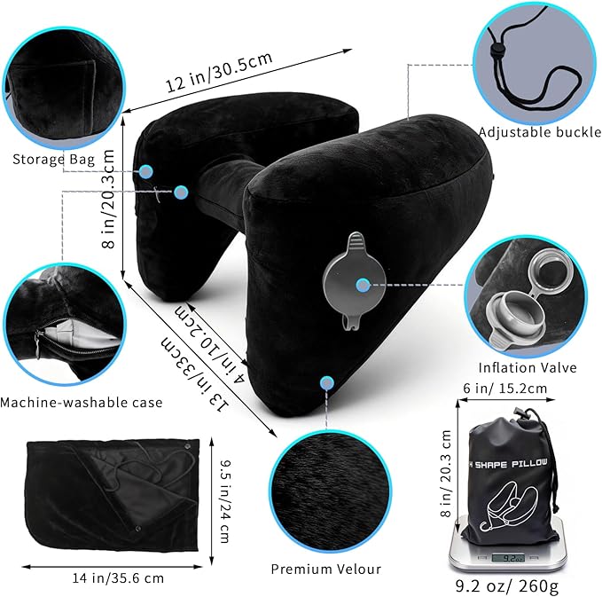H-Shaped Travel Pillow with Snap-On Hood – Ergonomic Neck Support with Plush Velvet Cover, Instant Inflation & Compact Bag – for Airplane, Car, Office & Long Trips (Black) - Image 4