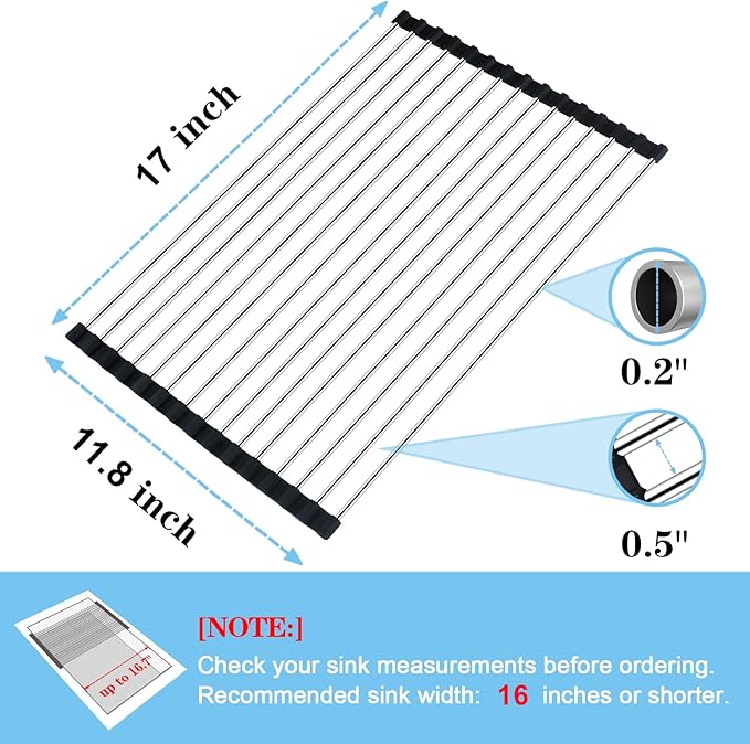 Seropy Roll Up Dish Drying Rack Over the Sink Drying Rack for Kitchen, Folding Dish Rack Over Sink Mat, Stainless Steel Dish Drainer Rack Kitchen Organizer Accessories Black 17"x11.8" - Image 3
