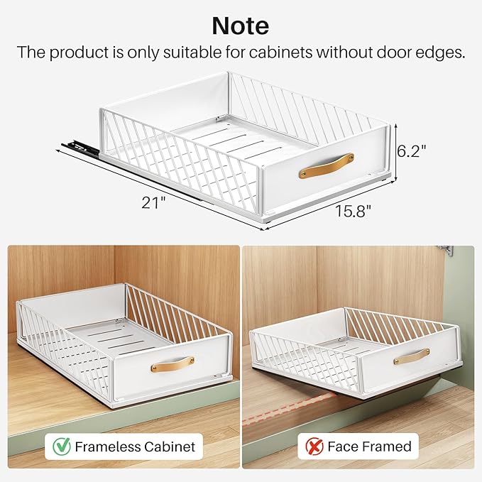 Pull out Cabinet Organizer,Heavy Duty Slide out Pantry Shelves Drawer Storage with Adhesive Nano Film,Sliding Mesh Cabinet Basket with Handle for Kitchen, Bathroom, Home, 15.8"W X 21"D X 6.2"H,White - Image 3