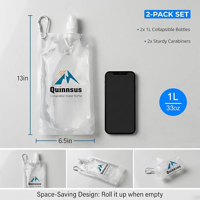 Quinnsus 2-Pack 1L Collapsible Water Bottles, 33oz BPA-Free Reusable Plastic Flasks, Foldable Backpacking Water Bottle Bag for Traveling, Hiking, Camping, Running - Image 2