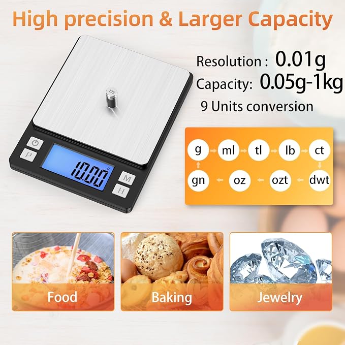 BOMATA 0.01g Small Digital Gram Scale, Upgraded 1kg Jewelry Scale | USB Rechargeable, Larger Display, Hold Function, High Precision, Grams and Ounces for Herb, Coin, Powder,Yeast, Kitchen Black - Image 2