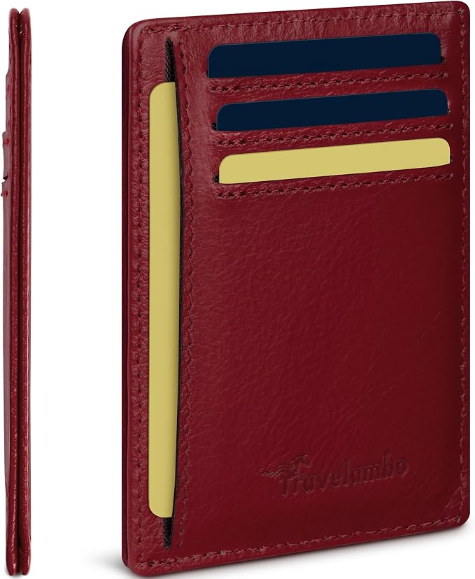 Travelambo 100% Genuine Leather Wallet for Men and Women, Slim Minimalist RFID Blocking Front Pocket Credit Card Holder with Gift Box(Red 963) by Travelambo