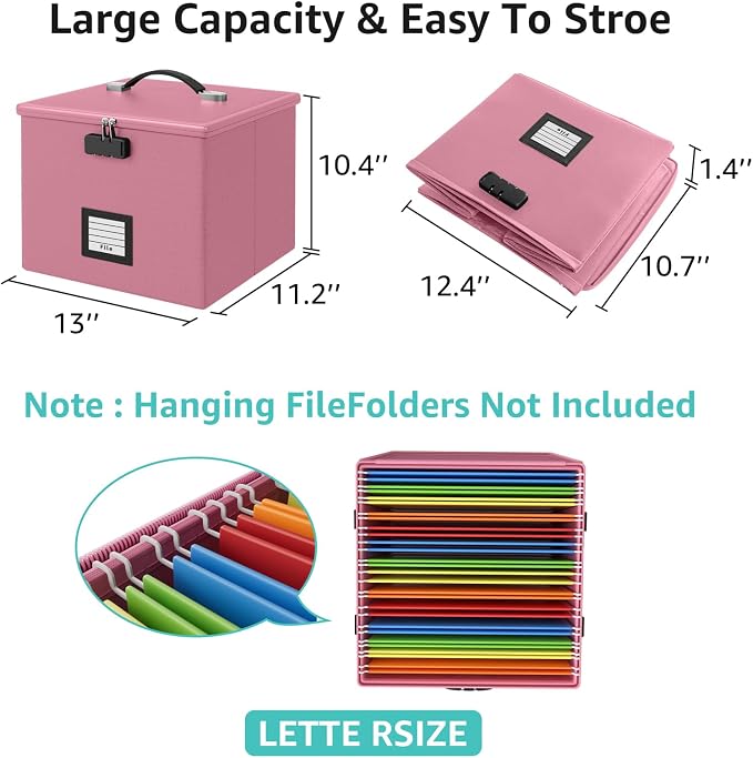 Pink Fire Proof File Box for Documents - Portable Fireproof Document Organizer Box with Handle Waterproof Safe Locking Folder Storage with Lid - Image 5