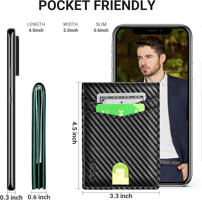 VATAN Wallet for Men Slim RFID Blocking Leather Credit Card Holder Wallet for 15 Cards, Bifold Minimalist Thin Wallet with 2 ID Windows & Cash Slot, With Gift Box (Carbon black and Green) - Image 4