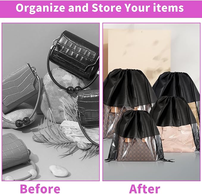 12Pcs Shoe Bags for Travel, Dust Bags for Handbags in 4 Size, Black | Dustproof Drawstring Bags, Breathable Non Woven Fabric Storage Bag for Handbags Shoes Purses - Image 5
