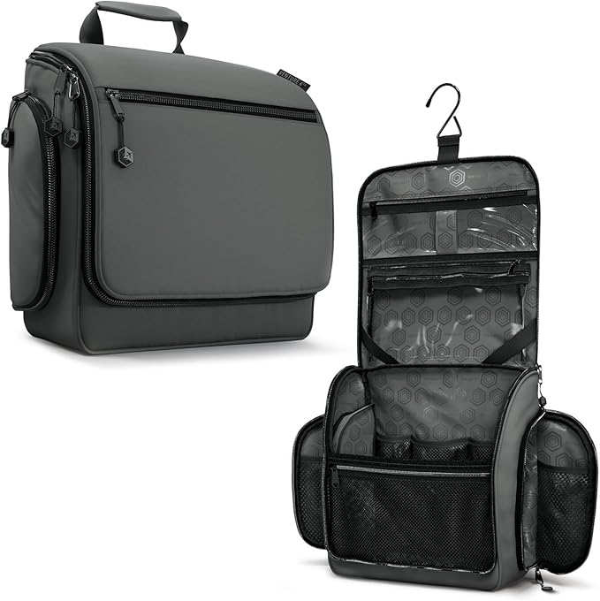 VENTURE 4TH Hanging Travel Toiletry Bag, 18 Compartments - Shadow Gray | Hangs on rails, hooks or doors; stands upright. Removable TSA pouch. Water-resistant Nylon 290D Twill, reinforced stitching. by VENTURE4TH