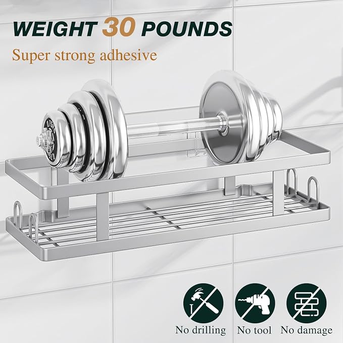 Youvip Adhesive Shower Caddy, Silver, 3 Pack | Shower Shelves, Soap Holder, 12 Hooks, Rustproof No Drilling, Bathroom Organizer and Storage - Image 4