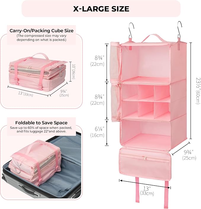 GRANNY SAYS Hanging Packing Cubes for Shelves, Large Organizer Bags, Pink | Portable Suitcase Organizer, Travel Packing Organizers, Compression Luggage Bags for Clothes, Carry on Closet Suitcase - Image 3