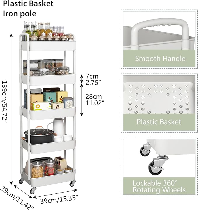 Sywhitta 5-Tier Plastic Rolling Utility Cart with Wheels for Storage,White | Multi-Functional Storage Trolley, for Office, Living Room, Kitchen, Bathroom,Movable Organizer,Space-Saving,Easy to assemble - Image 3
