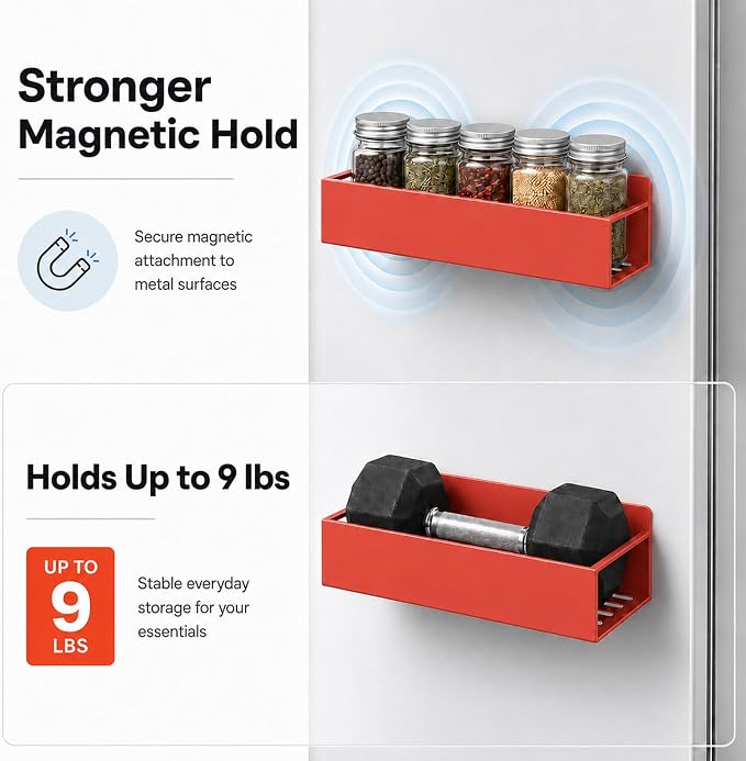 SMRCAD 6 Pack Metal Magnetic Spice Rack for fridge, Heavy Duty | Iron + Magnet | Holds 9 lbs per shelf | Full-back magnets | Screws included | Climate Pledge Friendly - Image 3