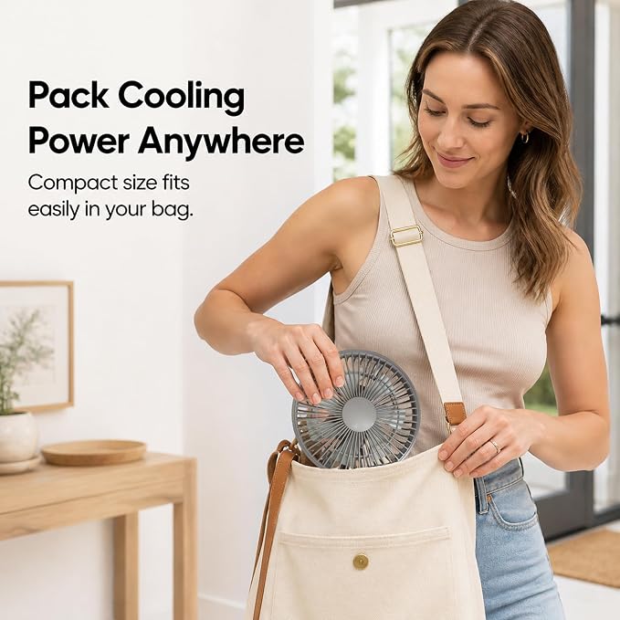 Quiet Handheld Desk Fan, Portable Fan Rechargeable, 12H Battery Life USB-C | 3000mAh hand held portable fan with digital display, 4 speeds and quiet airflow for desk, travel, dorm and office - Image 4