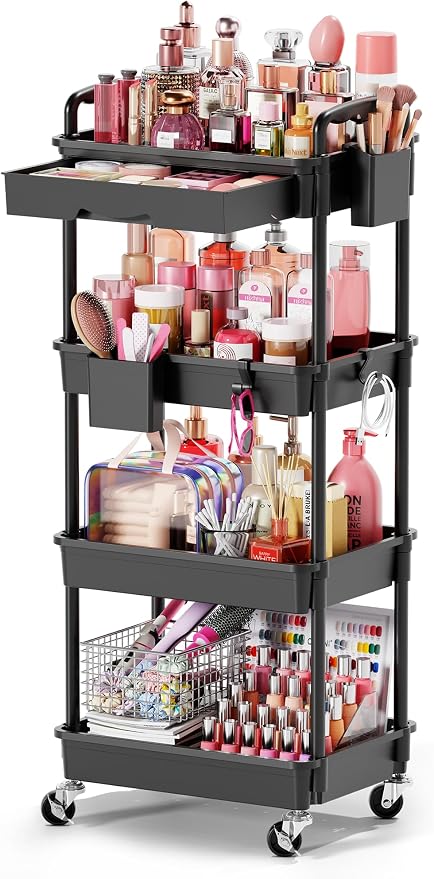 Goovilla Rolling Makeup Organizer Cart with Removable Drawer, 4 Tier Black | Stable Floor Skincare Storage Cart for Vanity, Cosmetic Display, Nail Polish, Perfume, Hair Stuff, Beauty, Bathroom(Plastic) by Goovilla