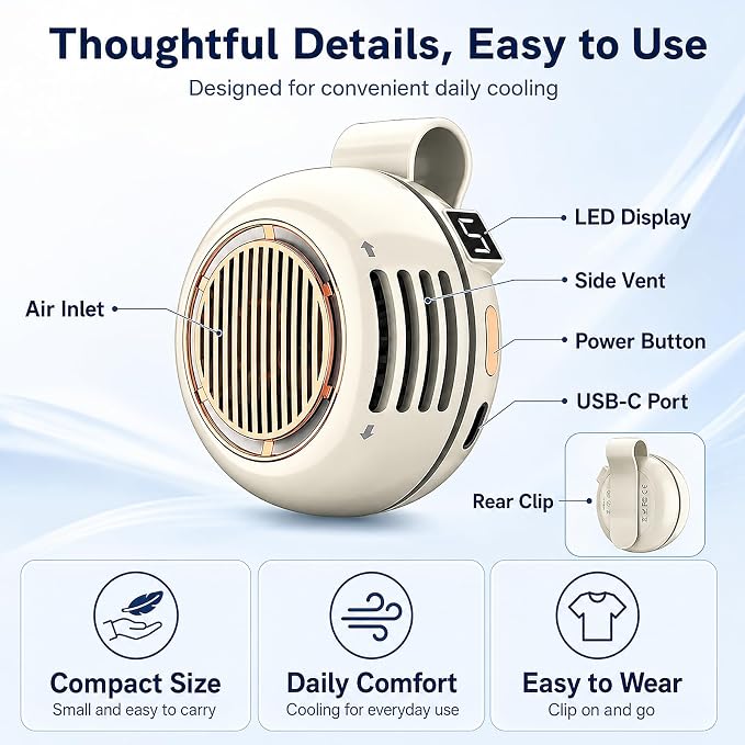 Portable Clip on Fan, Bladeless Waist Clip Fan with 5 Speeds, USB-C Rechargeable Mini Quiet Fan, LED Display, 1000mAh Battery, 82g Lightweight, Up to 6 Hours for Outdoor Office Travel Sports, Beige - Image 8