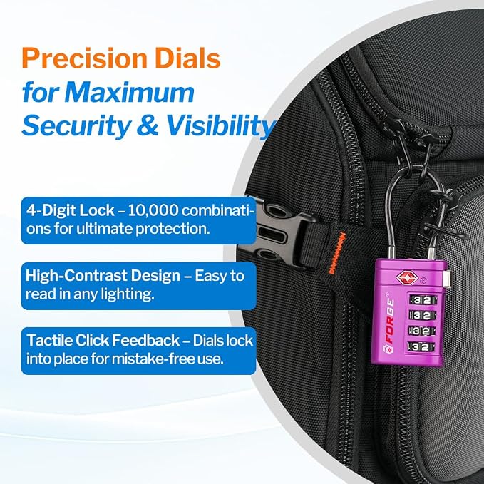 Forge TSA Approved Luggage Locks 4 Digit Combination TSA Travel Locks with TSA008, Open Alert Indicator, Zinc Alloy Body for Luggage, Suitcase, Backpack, and More. Purple 2 Locks. - Image 6
