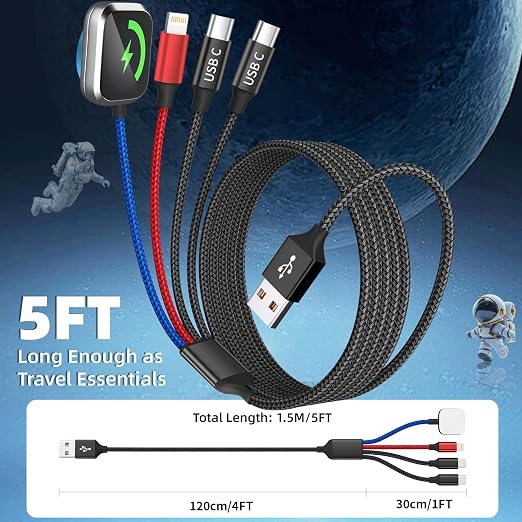 Dual Type-C 4 in 1 Charging Cable for Phone Watch Charger, Travel Essentials Multi Charging Cable iPhone Charger Cord Compatible with iWatch Ultra/SE/10-1, iPhone17 16 15 14, Android-1Pc 5FT - Image 6