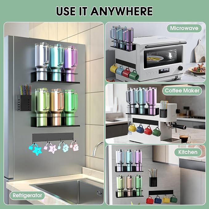POLRAI 4 Pack Magnetic Cup Holder for Refrigerator, Water Bottle Organizer for Stanley and Tumbler, Accessory with Lid Hook Straw Holder and Double Sided Tape for Kitchen Fridge Cabinet - Image 5