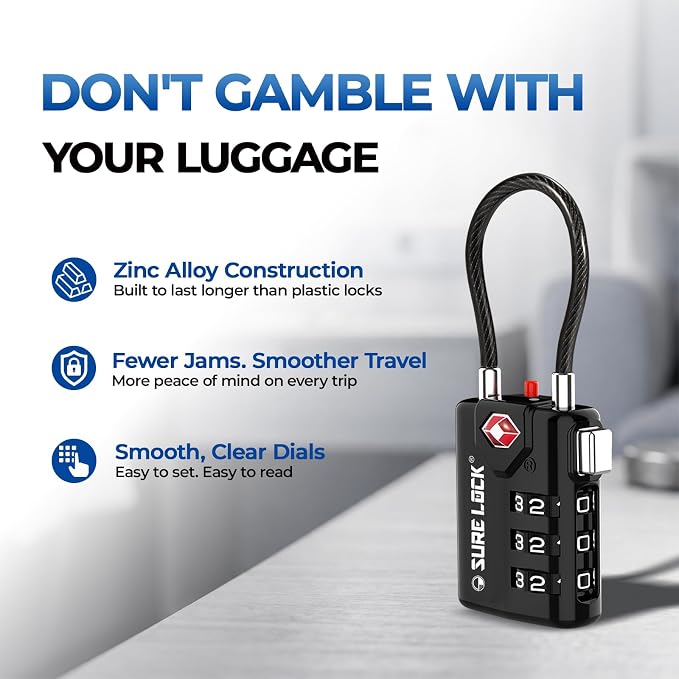 SURE LOCK TSA Approved Luggage Locks with TSA Open Alert Indicator, 3 Digit Combination Travel Lock for Suitcase, Luggage, Backpack,Toolbox & Travel Bag Black 4 Locks - Image 7