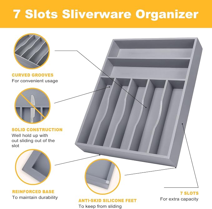 Kitchen Bamboo Silverware Organizer, Kitchen Drawer Organizer - Utensil Holder and Cutlery Tray with Grooved Drawer Dividers for Flatware 7 Slot, Grey - Image 5