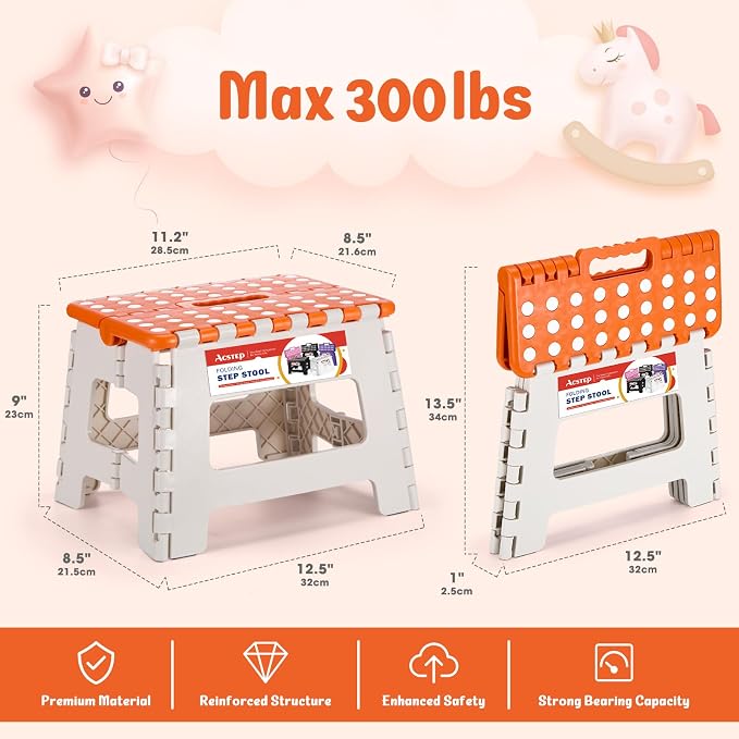 Folding Step Stool 9 Inch for Kids, 300 lbs, Bicolor Orange | Lightweight Plastic Small Foldable Step Stool with Handle, Non-Slip, for Kitchen, Bathroom, Bedroom and Closet - Image 4