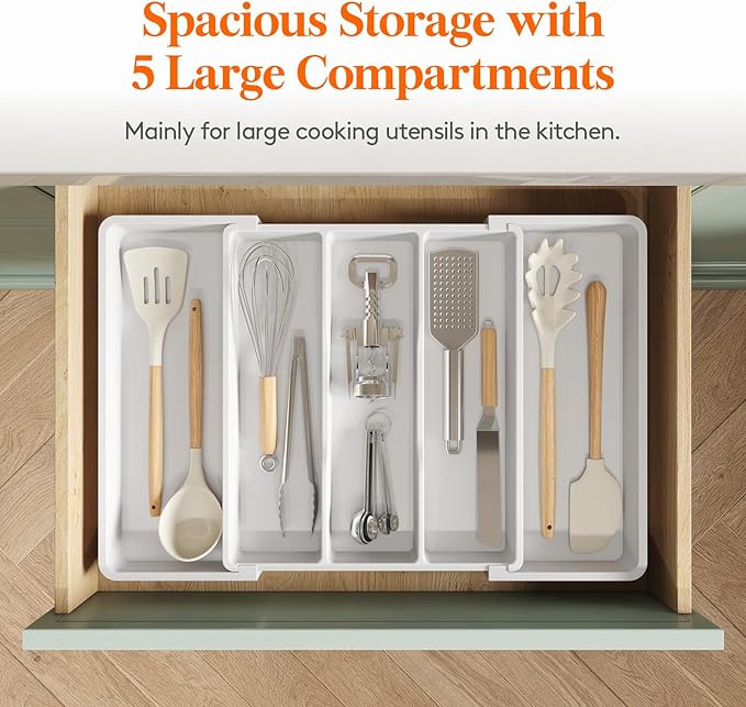 Lifewit Utensil Organizer for Kitchen Drawers, Expandable Utensil Tray | Adjustable Cooking Cutlery Silverware Flatware Holder, Plastic Spatula Tools Storage Divider, 13-22 x 15", White - Image 3