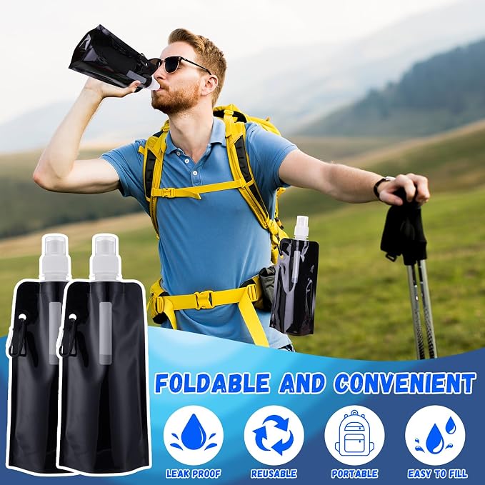 Teenyyou 24 Pack Collapsible Water Bottles Bulk 16oz Foldable Water Bottles with Carabiner Reusable Drinking Leak Proof Container Bags for Sport Biking Hiking Camping Travel Outdoor (Black) - Image 5