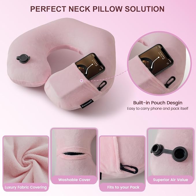 Keemall Inflatable Travel Neck Pillow for Airplane to Relieve Neck Pain | U-Shaped with Soft Washable Cover,Ergonomic Cervical Support for Flights, Car, Home, Camping&Office Naps, Gift for Women,Pink - Image 6