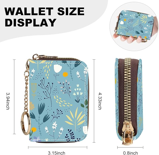 Credit Card Holder for Women,Small Rfid Wallet with Keychain Zipper,Cute PU Leather Card Case Wallet，Accordion Credit Card Wallets Gift,Blue Grass White Flowers - Image 4