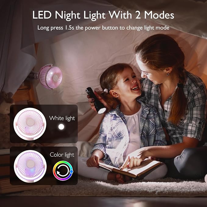 Momcozy 8000mAh Portable Stroller Fan, 27H Ultra-long Battery Life | Detachable 4 Speed 360°Rotate LED Night Light with 2 Modes, USB Rechargeable Handheld Cooling Fan for Travel/Car Seat/Bedroom - Image 6