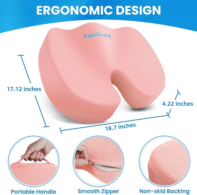 Memory Foam Seat Cushion for Office Chair, Car Seat, Pink, XXL | Office Chair Cushion for Car, Airplane - Chair Pad for Long Sitting Sciatica, Hip, Coccyx,Tailbone Pain Relief, Butt Pillow - Image 2
