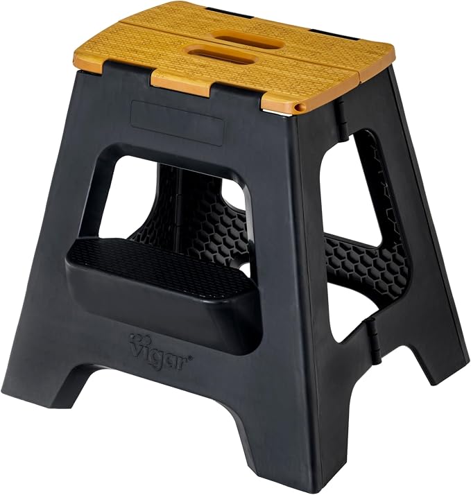 Vigar Compact Folding Step Stool, 16 in 2 Step, Black Bamboo Print | 16 in Foldable Stool, Lightweight Portable Design, Handle, Non Slip Surface, Space-Saving, Supports up to 330 lb by VIGAR
