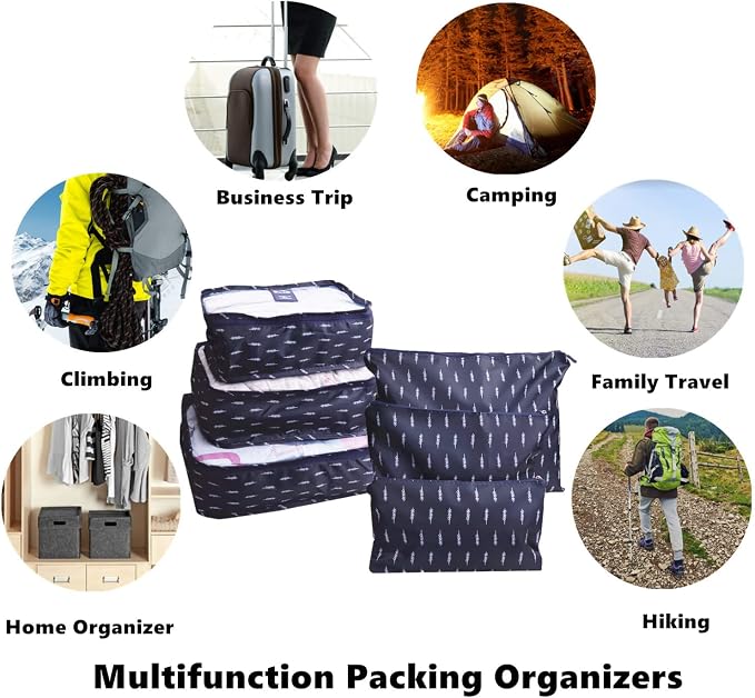 6 PCS Travel Suitcase Organizer Bags, Travel Organizer Packing Cubes Set Laundry Bags, Travel Clothes Storage Bag, Packing Organizer Compression Pouches for Traveller(Navy Blue Feather) - Image 5