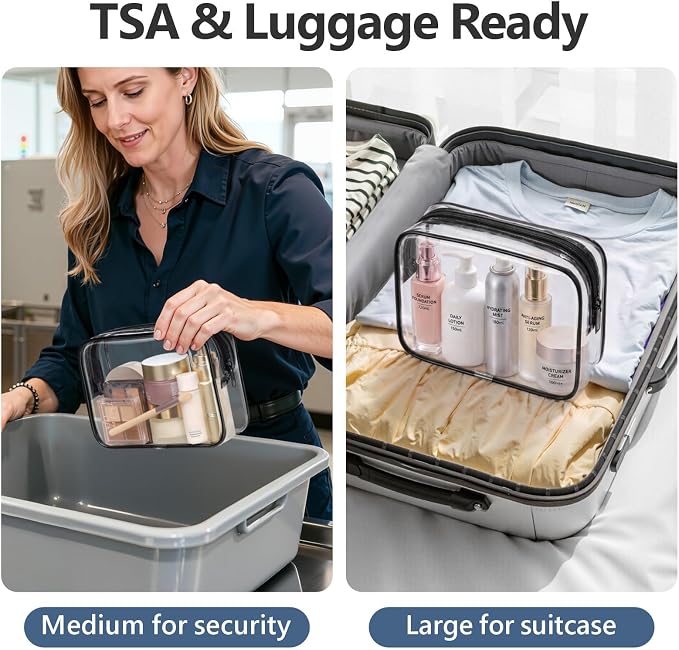 Clear Makeup Bag for Travel - TSA Approved Toiletry Bag, 2 Black | 1 Medium Quart Carry-On & 1 Large Checked-Luggage, Reinforced Seams, Water-resistant, Clear Easy-Check for Airport, Women - Image 2